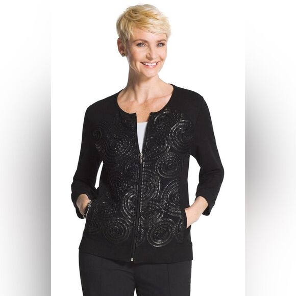 Chico’s Zenergy Black SOUTACHE Zip Jacket Sz S Chic Textured 3D Swirling Pattern - Picture 1 of 7